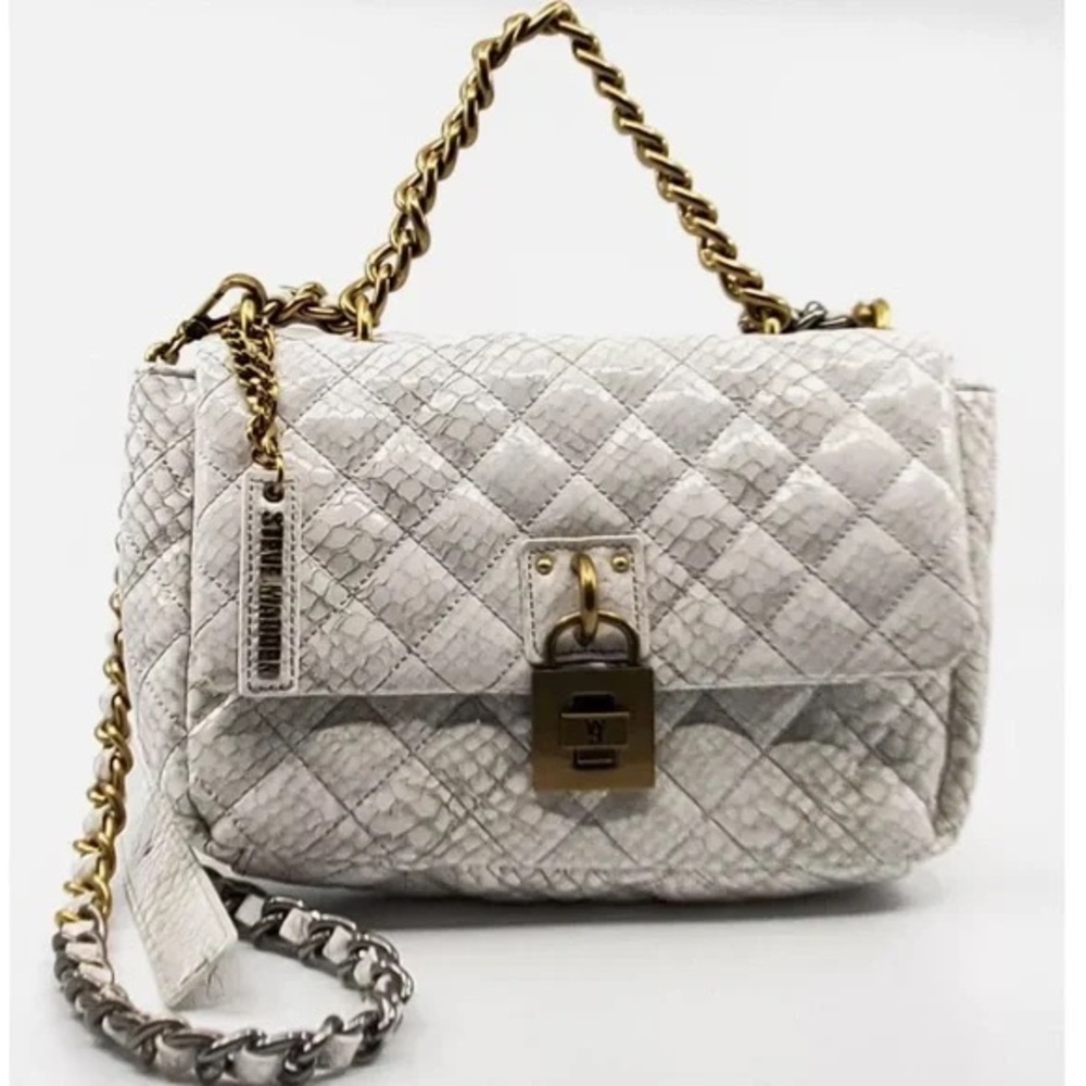 Steve Madden White Daisey Quilted Faux Snakeskin Crossbody Bag w/ Chain Strap